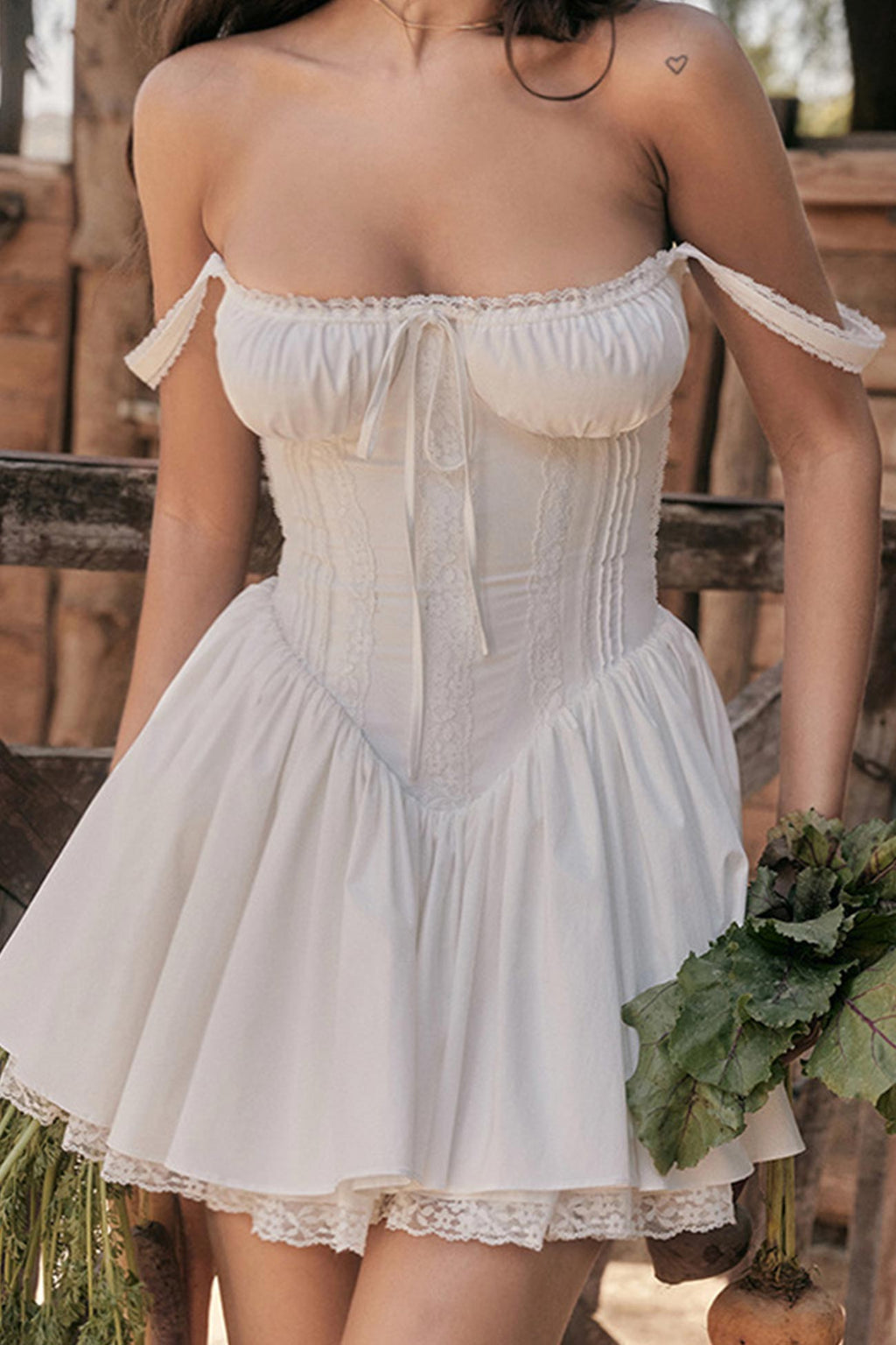 Lace Trim Corset Bodice Ruffle Strap Tiered Ruffle Hem Mini Dress