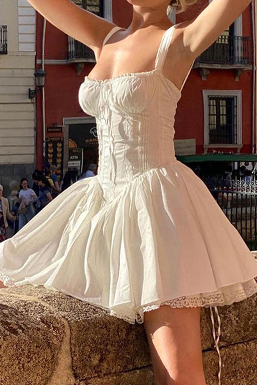 Lace Trim Corset Bodice Ruffle Strap Tiered Ruffle Hem Mini Dress