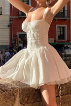 Lace Trim Corset Bodice Ruffle Strap Tiered Ruffle Hem Mini Dress