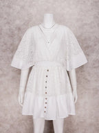 Floral Lace Deep V-Neck Bell Sleeve Smocked Waist Button Front Mini Dress