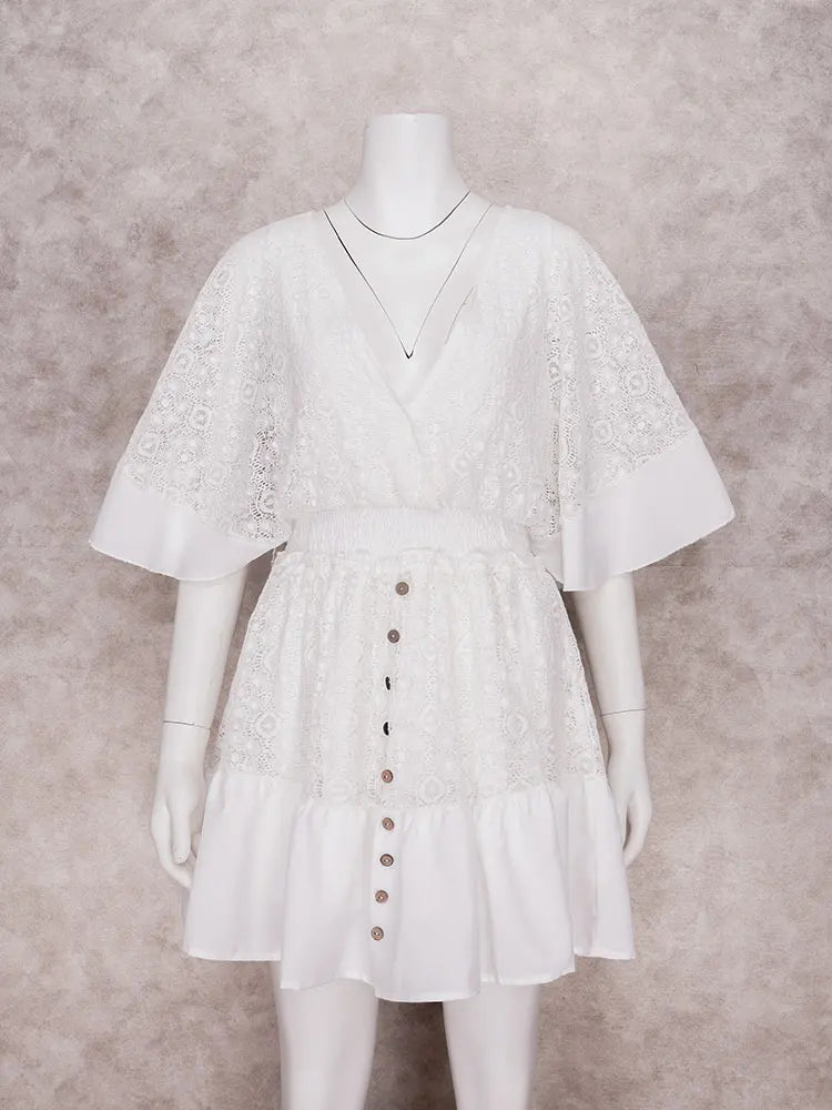 Floral Lace Deep V-Neck Bell Sleeve Smocked Waist Button Front Mini Dress