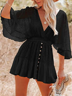 Floral Lace Deep V-Neck Bell Sleeve Smocked Waist Button Front Mini Dress