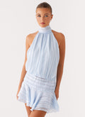 Striped Chiffon Halter Neck Smocked Waist Tiered Ruffle Hem Mini Dress