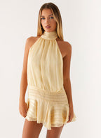 Striped Chiffon Halter Neck Smocked Waist Tiered Ruffle Hem Mini Dress