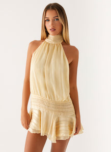 Striped Chiffon Halter Neck Smocked Waist Tiered Ruffle Hem Mini Dress