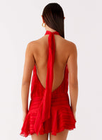 Striped Chiffon Halter Neck Smocked Waist Tiered Ruffle Hem Mini Dress