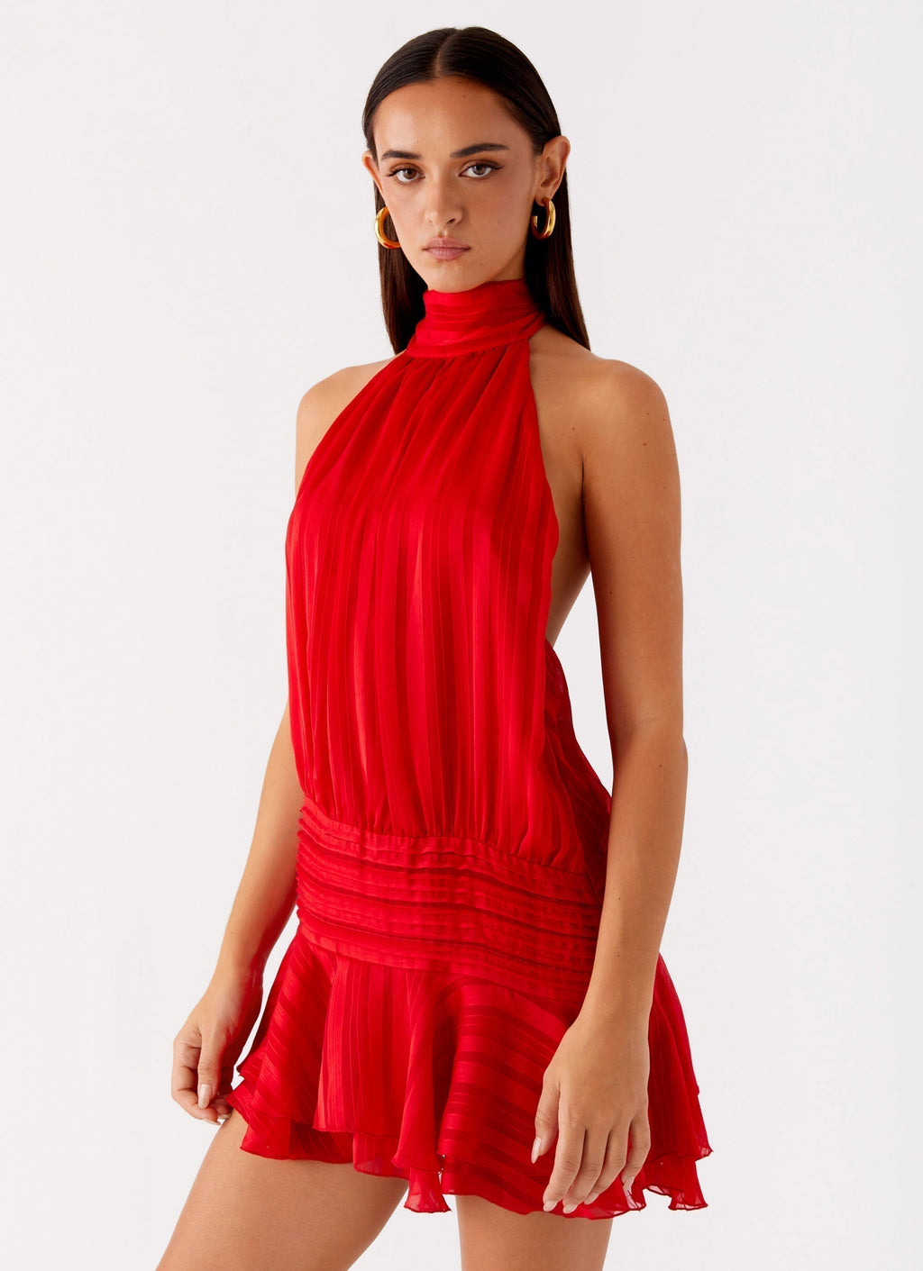Striped Chiffon Halter Neck Smocked Waist Tiered Ruffle Hem Mini Dress