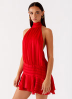 Striped Chiffon Halter Neck Smocked Waist Tiered Ruffle Hem Mini Dress