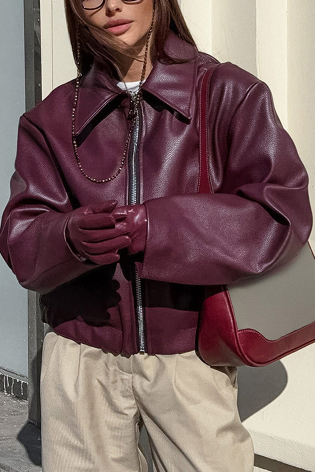 Solid Color Zip-up PU Jacket
