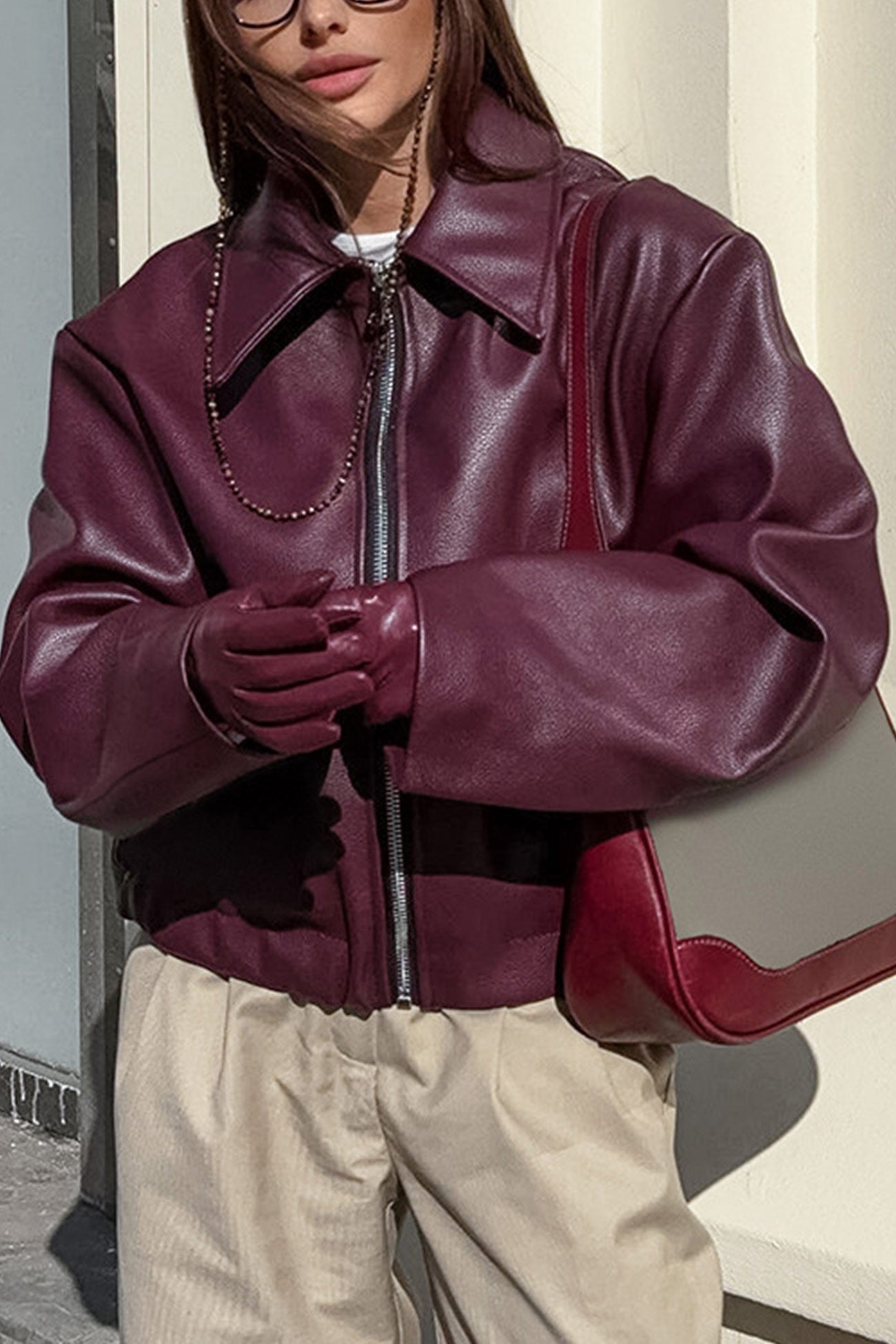 Solid Color Zip-up PU Jacket