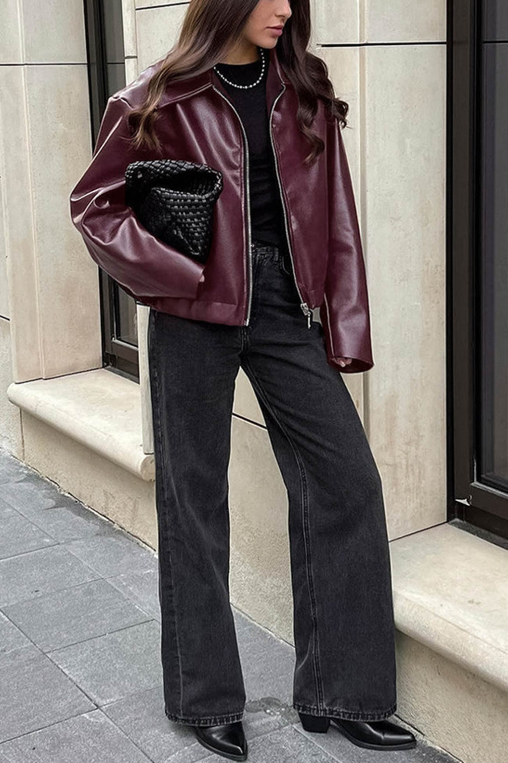 Solid Color Zip-up PU Jacket