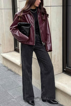 Solid Color Zip-up PU Jacket