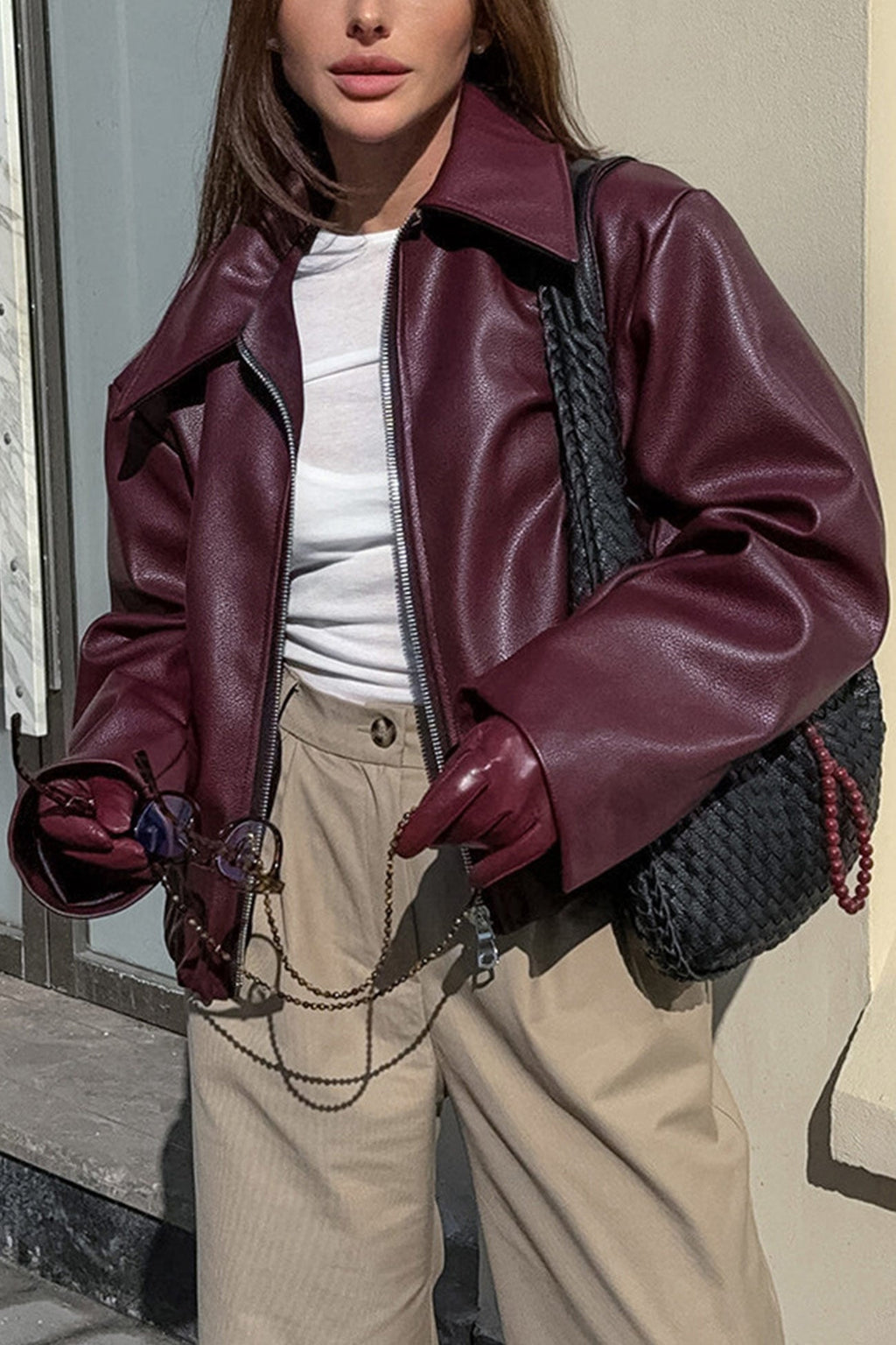 Solid Color Zip-up PU Jacket