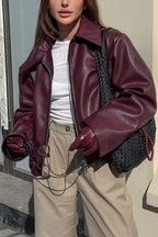 Solid Color Zip-up PU Jacket
