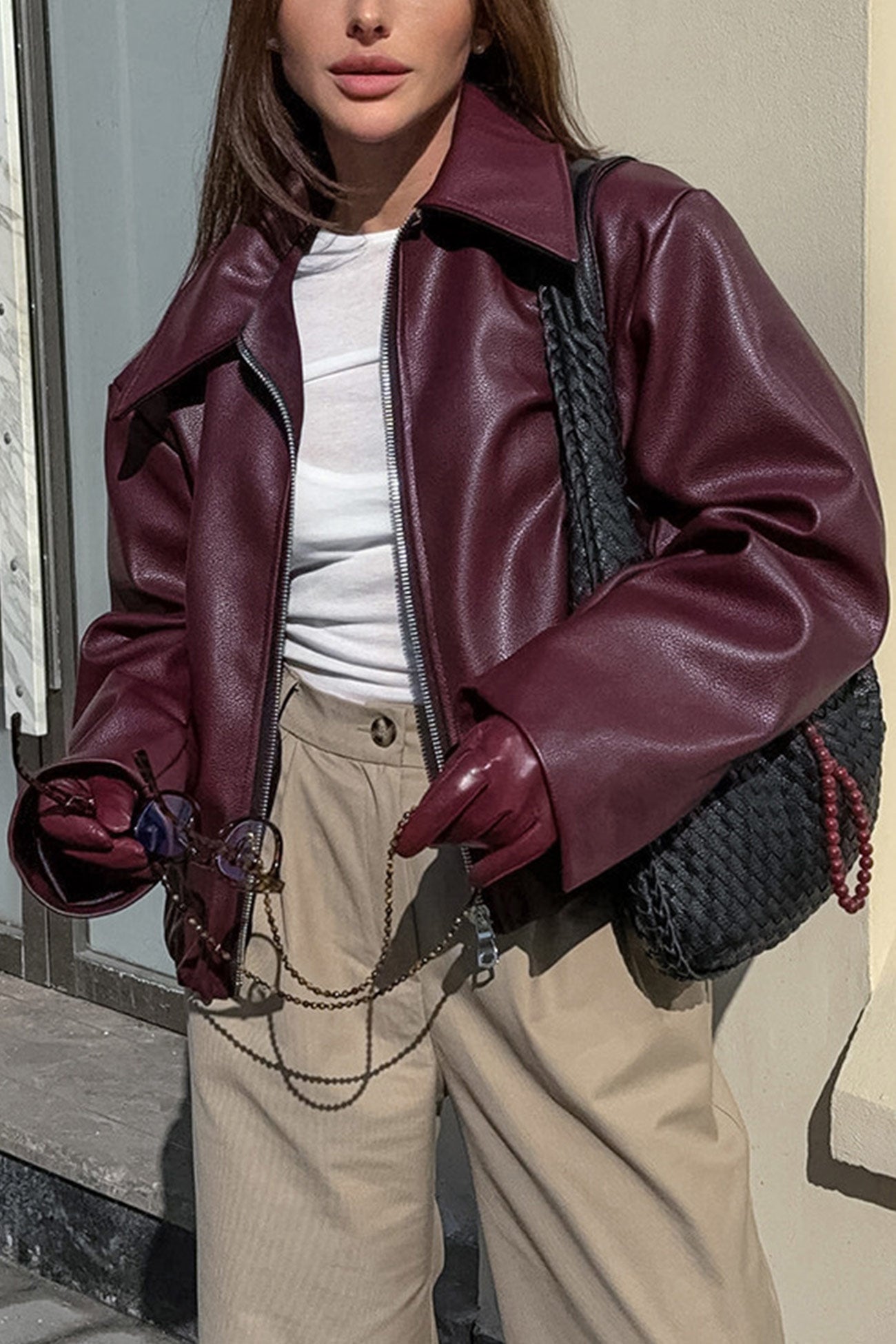 Solid Color Zip-up PU Jacket