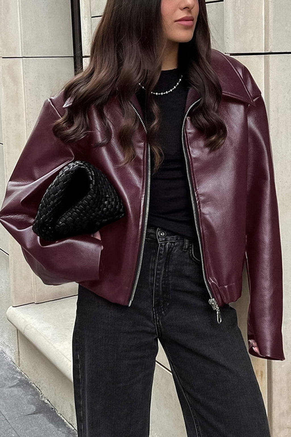 Solid Color Zip-up PU Jacket