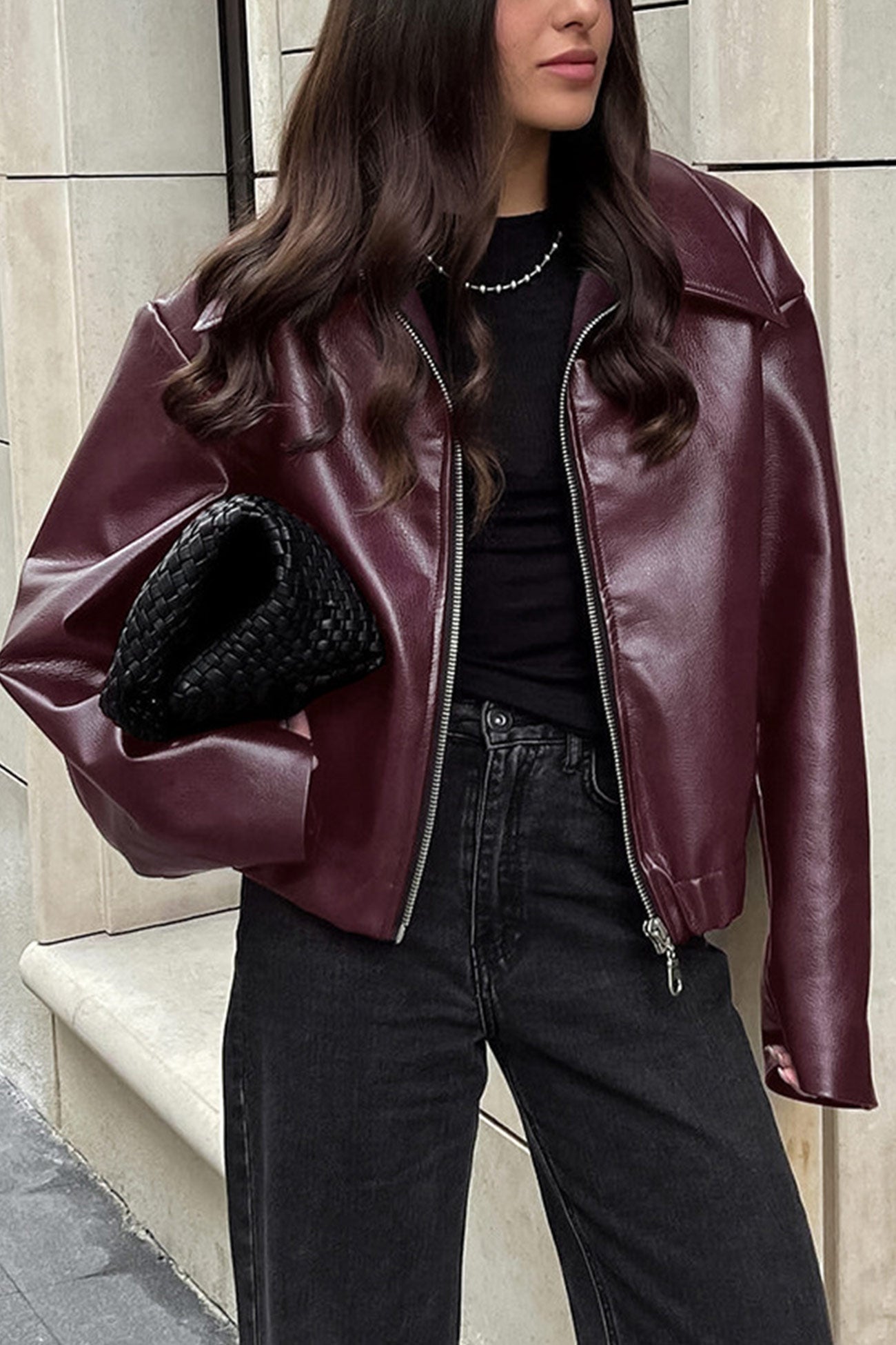 Solid Color Zip-up PU Jacket