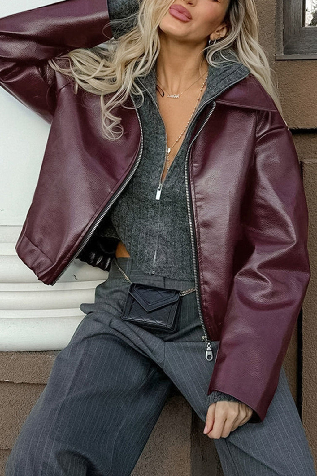 Solid Color Zip-up PU Jacket