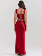 Wine Satin Corset Top & Maxi Skirt Two Piece Set