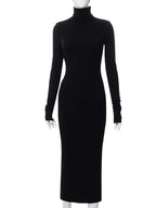Turtleneck Long Sleeve Ribbed Knit Bodycon Maxi Dress