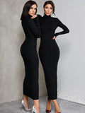 Turtleneck Long Sleeve Ribbed Knit Bodycon Maxi Dress