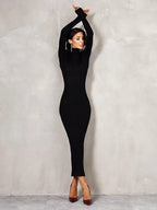 Turtleneck Long Sleeve Ribbed Knit Bodycon Maxi Dress