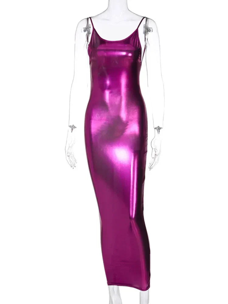 Metallic Spaghetti Strap Scoop Neck Bodycon Maxi Dress