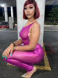 Metallic Sleeveless Side Cutout Mock Neck Bodycon Jumpsuit