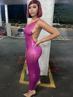 Metallic Sleeveless Side Cutout Mock Neck Bodycon Jumpsuit