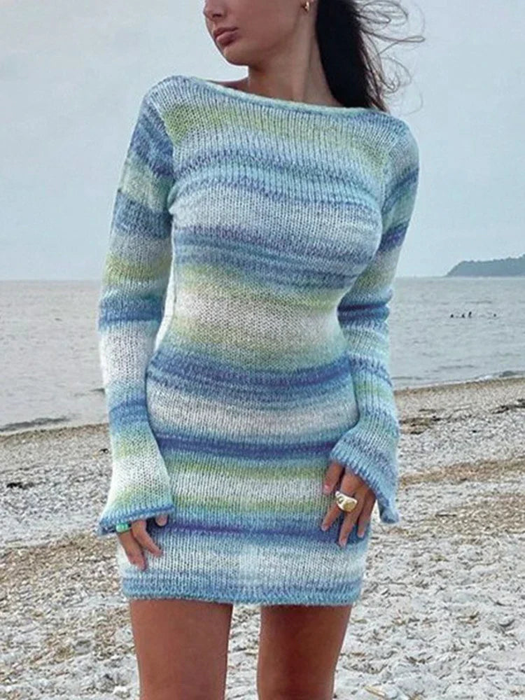 Horizontal Stripe Open Knit Bell Sleeve Crew Neck Mini Dress