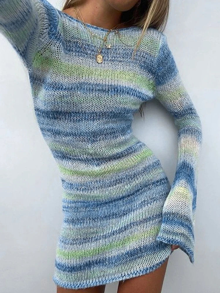 Horizontal Stripe Open Knit Bell Sleeve Crew Neck Mini Dress