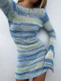 Horizontal Stripe Open Knit Bell Sleeve Crew Neck Mini Dress