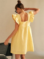 Square Neck Ruffle Sleeve Empire Waist Linen Babydoll Mini Dress