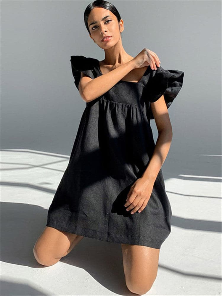 Square Neck Ruffle Sleeve Empire Waist Linen Babydoll Mini Dress