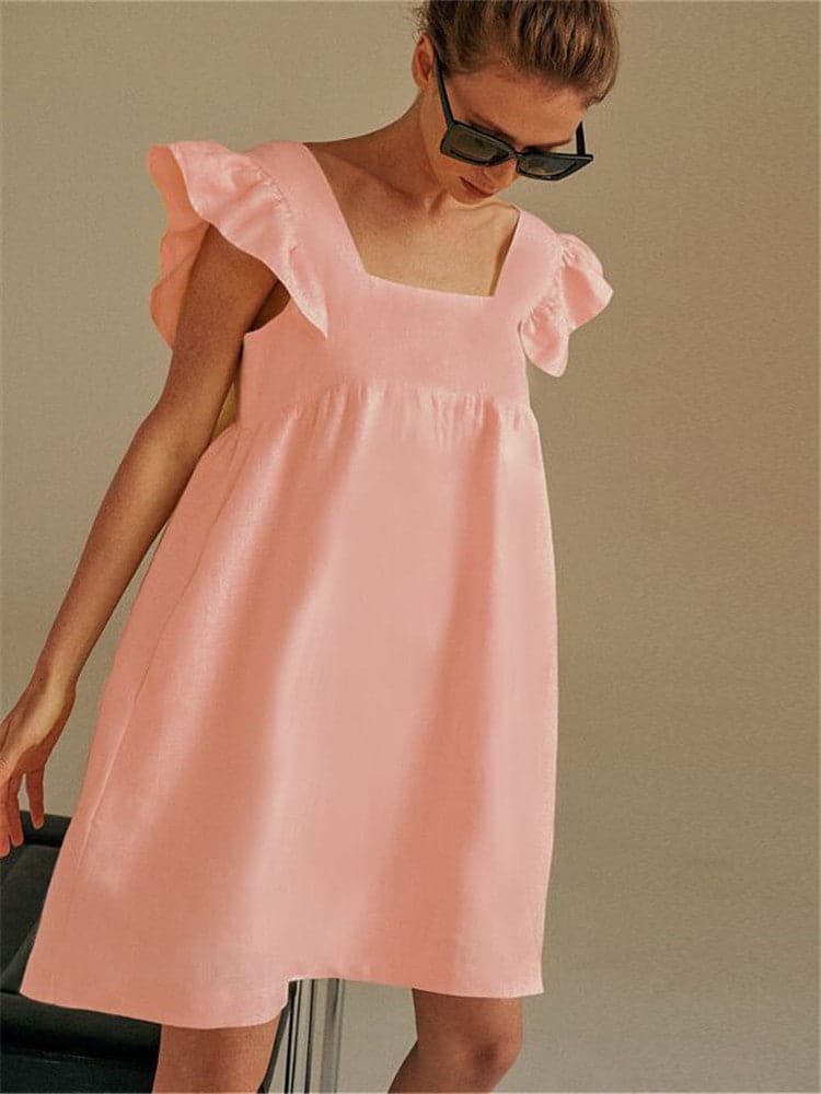 Square Neck Ruffle Sleeve Empire Waist Linen Babydoll Mini Dress