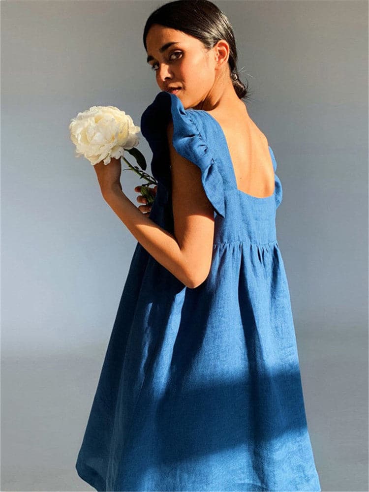 Square Neck Ruffle Sleeve Empire Waist Linen Babydoll Mini Dress