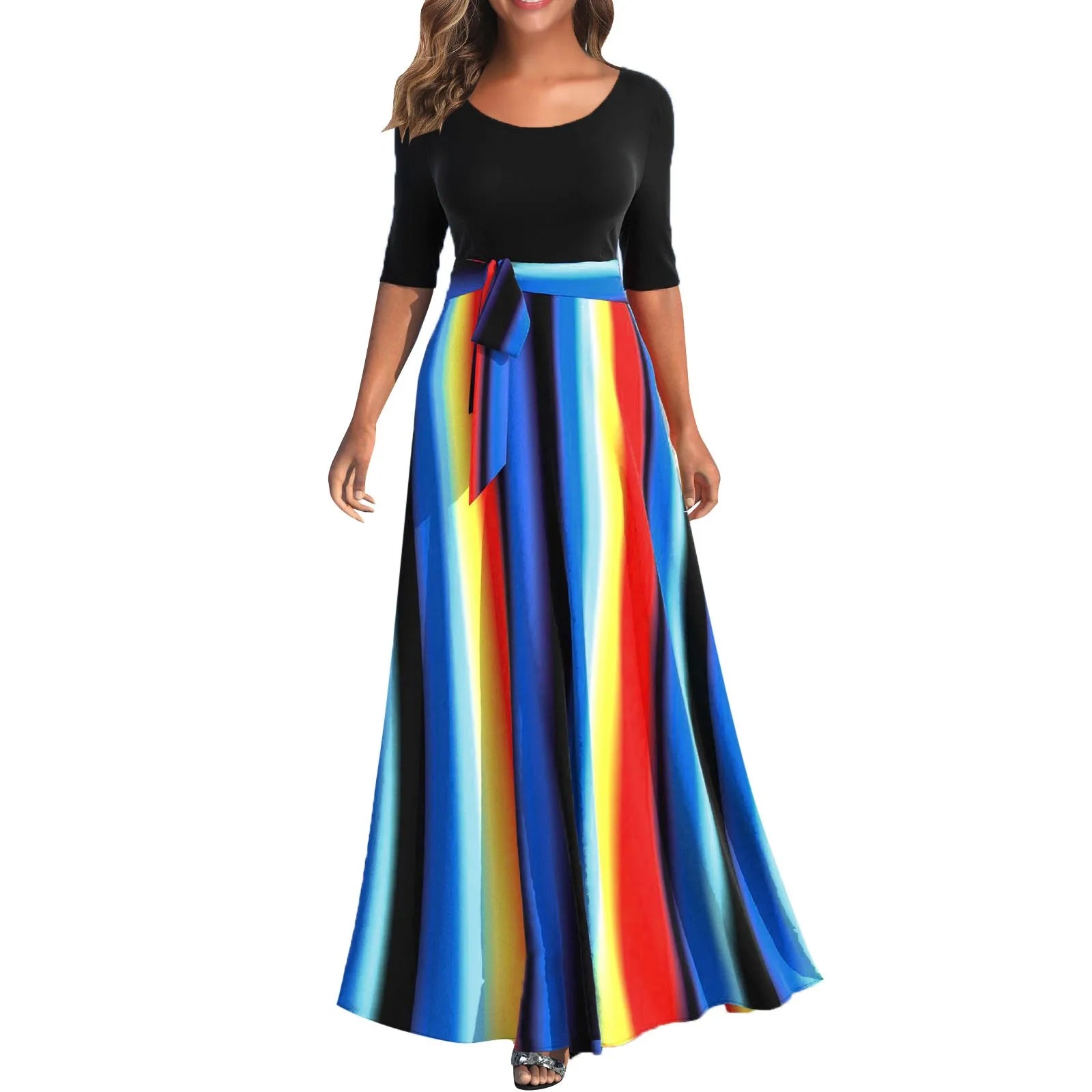 Vertical Stripe Color Block Tie Waist 3/4 Sleeve Maxi Dress