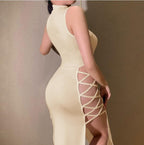 Mock Neck Sleeveless Lace Up Side Cut Out High Slit Bodycon Maxi Dress