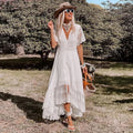 Lace Eyelet Deep V-Neck Button Front Flutter Sleeve High-Low Maxi Dress