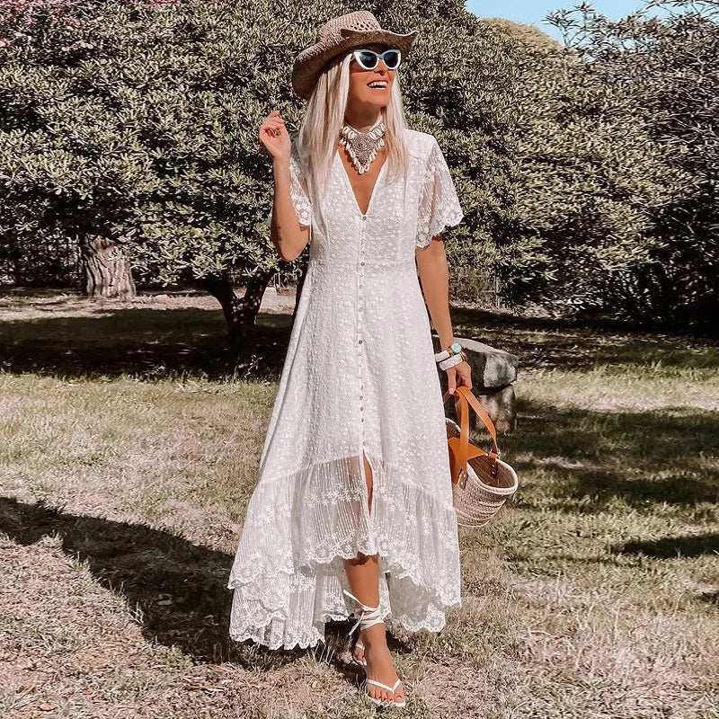 Lace Eyelet Deep V-Neck Button Front Flutter Sleeve High-Low Maxi Dress