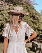Lace Eyelet Deep V-Neck Button Front Flutter Sleeve High-Low Maxi Dress