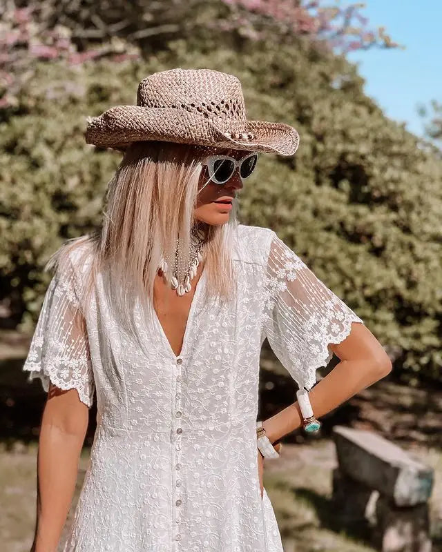 Lace Eyelet Deep V-Neck Button Front Flutter Sleeve High-Low Maxi Dress