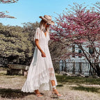 Lace Eyelet Deep V-Neck Button Front Flutter Sleeve High-Low Maxi Dress