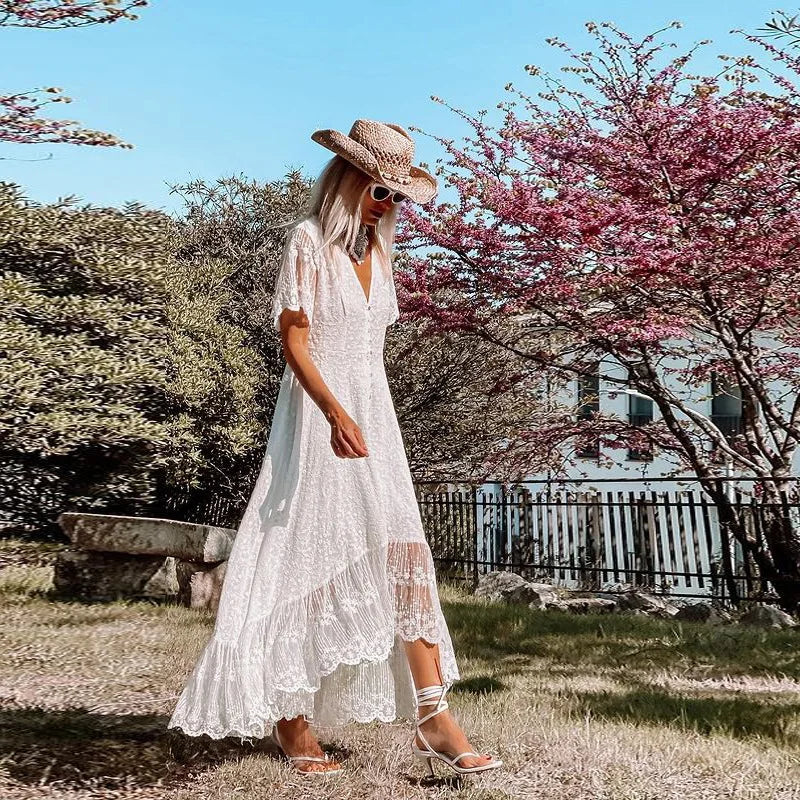Lace Eyelet Deep V-Neck Button Front Flutter Sleeve High-Low Maxi Dress