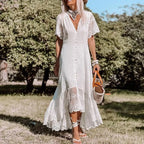 Lace Eyelet Deep V-Neck Button Front Flutter Sleeve High-Low Maxi Dress