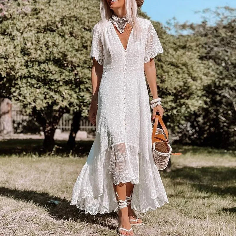 Lace Eyelet Deep V-Neck Button Front Flutter Sleeve High-Low Maxi Dress