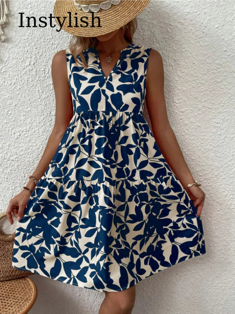 Sleeveless Botanical Leaf Print Tiered Babydoll Mini Dress
