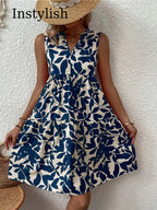 Sleeveless Botanical Leaf Print Tiered Babydoll Mini Dress