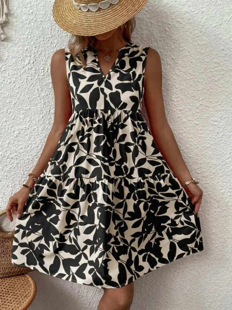 Sleeveless Botanical Leaf Print Tiered Babydoll Mini Dress
