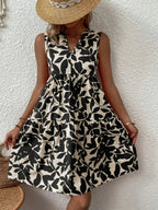 Sleeveless Botanical Leaf Print Tiered Babydoll Mini Dress